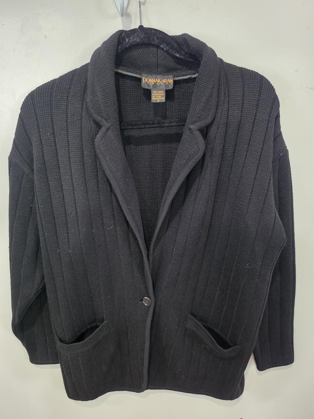 Vintage Donna Karan New York 100% Wool Blk Cardigan Sweater Minimalist Size S